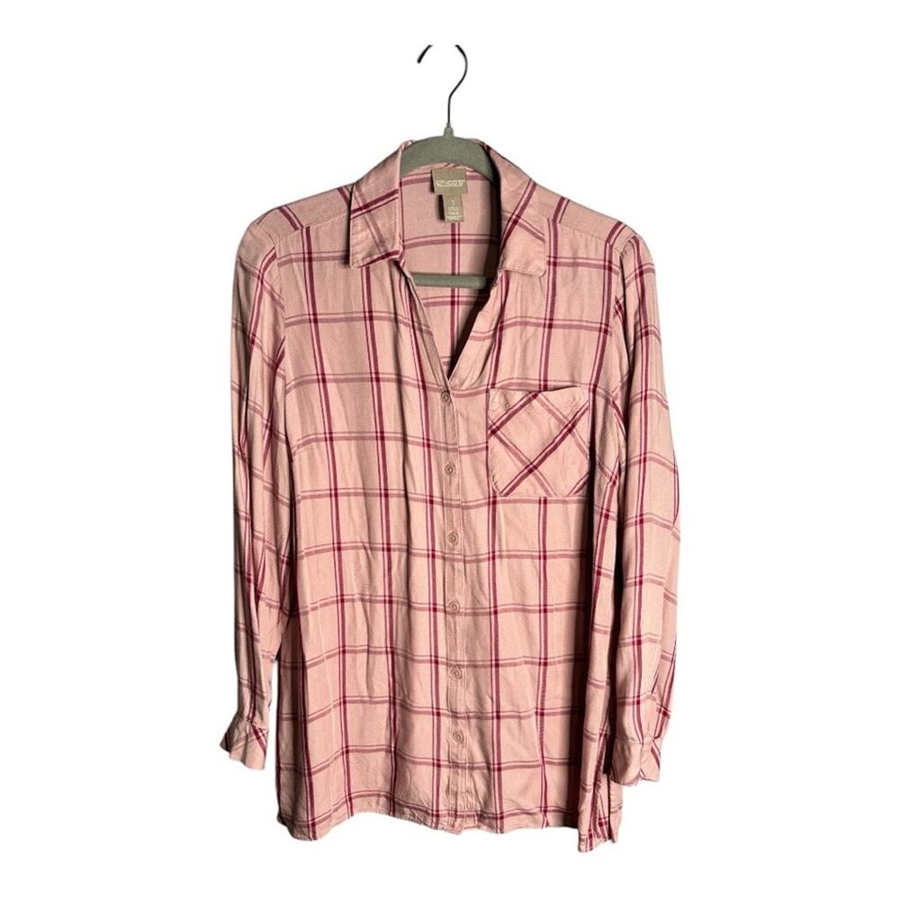 Chico’s Red and Pink Plaid Long Sleeve Button Down Shirt Medium